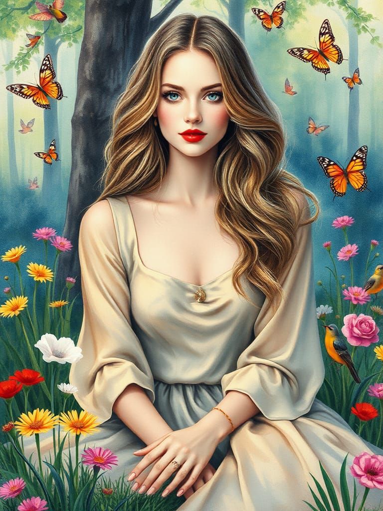 Ukrainian Greek Woman in Enchanted Forest, Ink Drawing