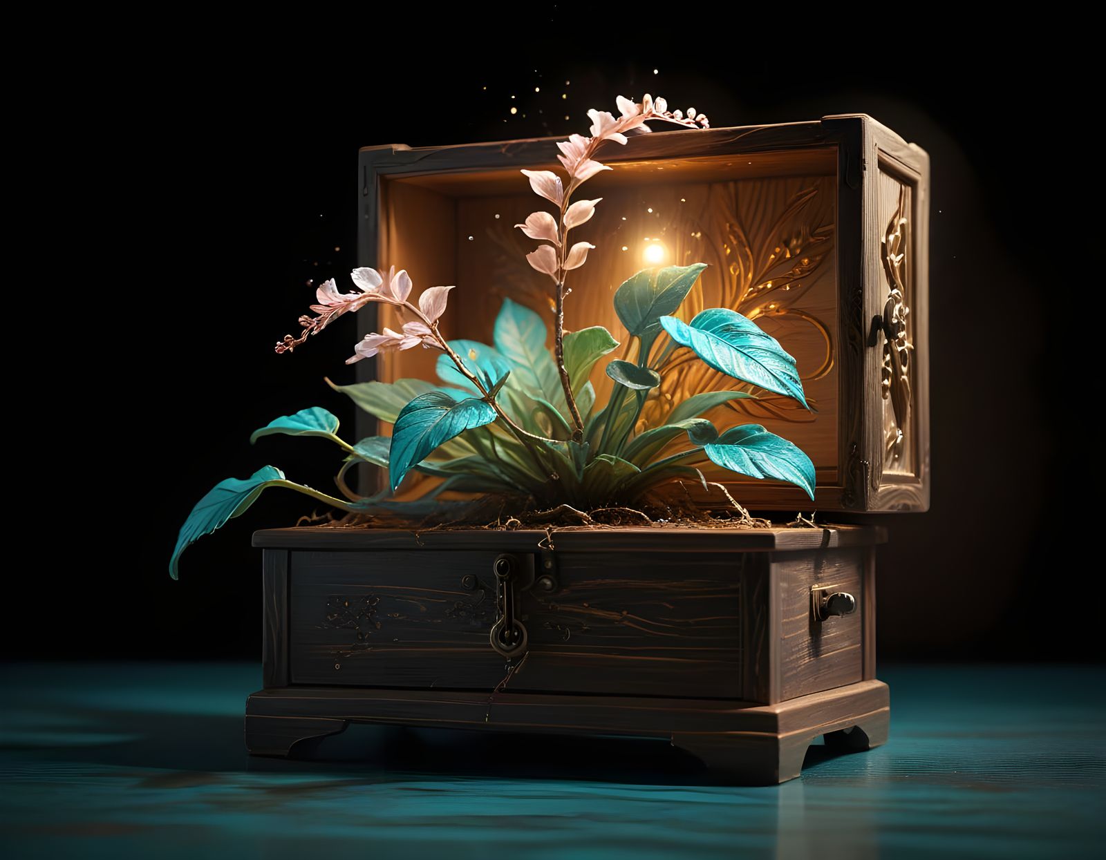 Hidden Plant in Antique Music Box: Impasto Painting