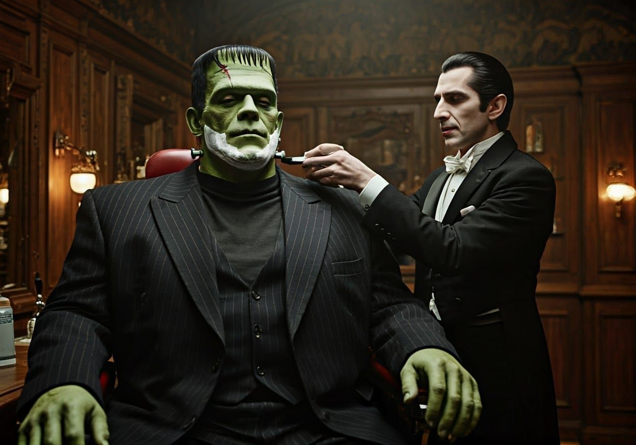 Frankenstein's Monster Gets a Shave in Classic Film Style