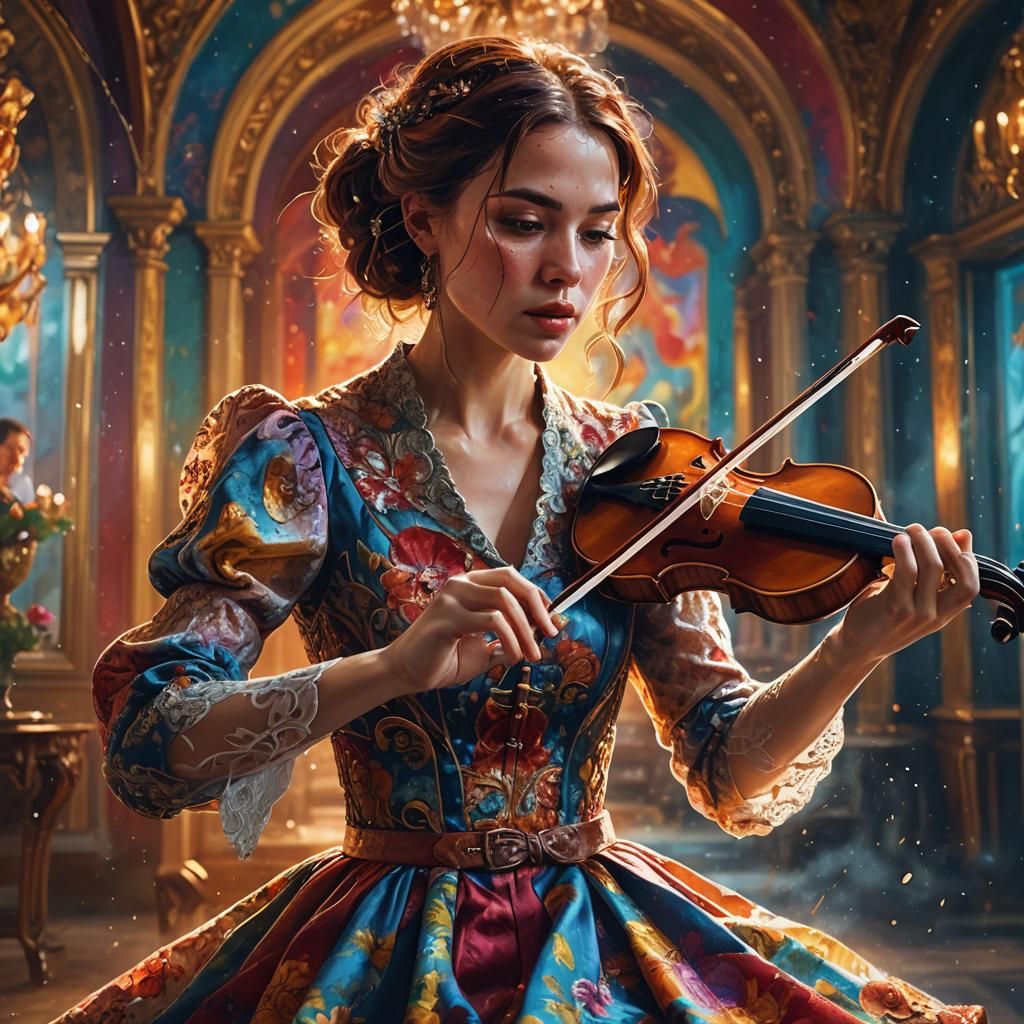 Aesthetic Woman Plays Violin in Baroque Style