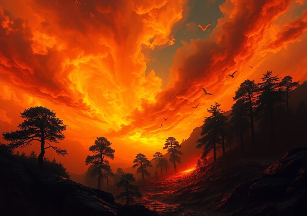 Fiery Sky Over Surreal Landscape as Detailed Matte Painting