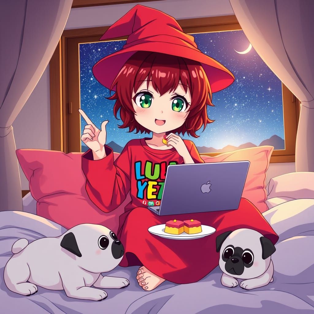 Anime Girl in Witch's Hat with Starry Night Sky