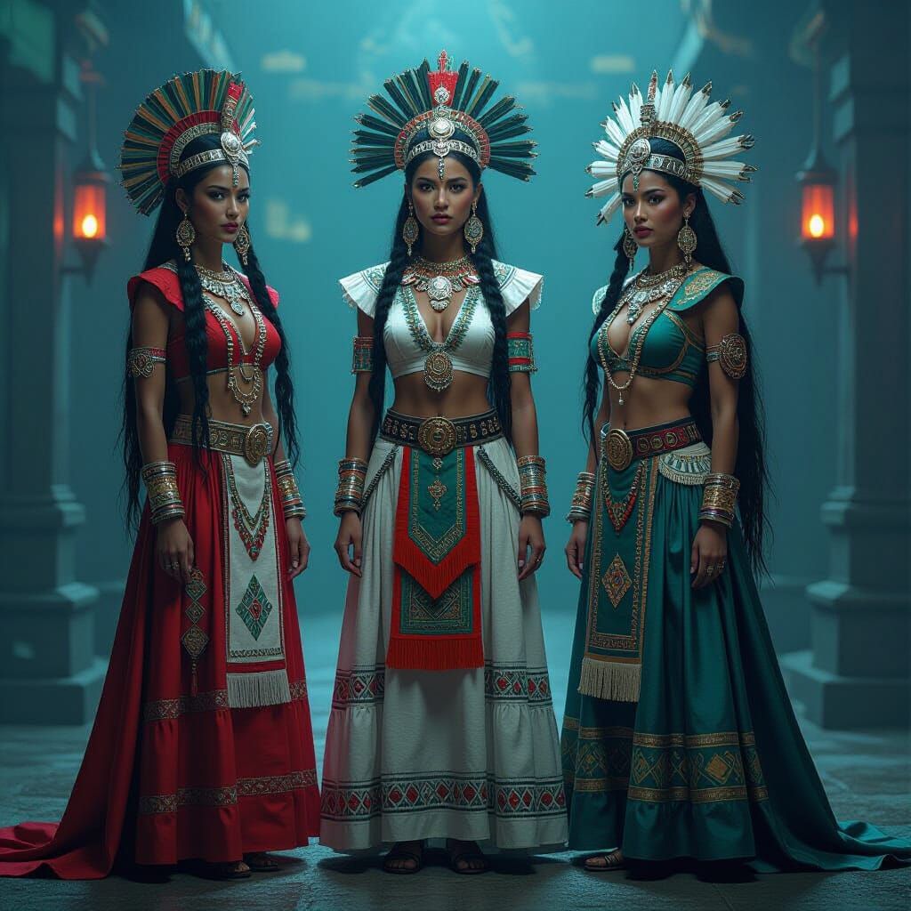 Mesoamerican Goddesses in Cyberpunk Neon Style