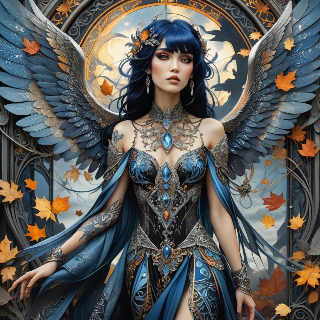 Winged Woman in Apocalyptic Art Nouveau Scene