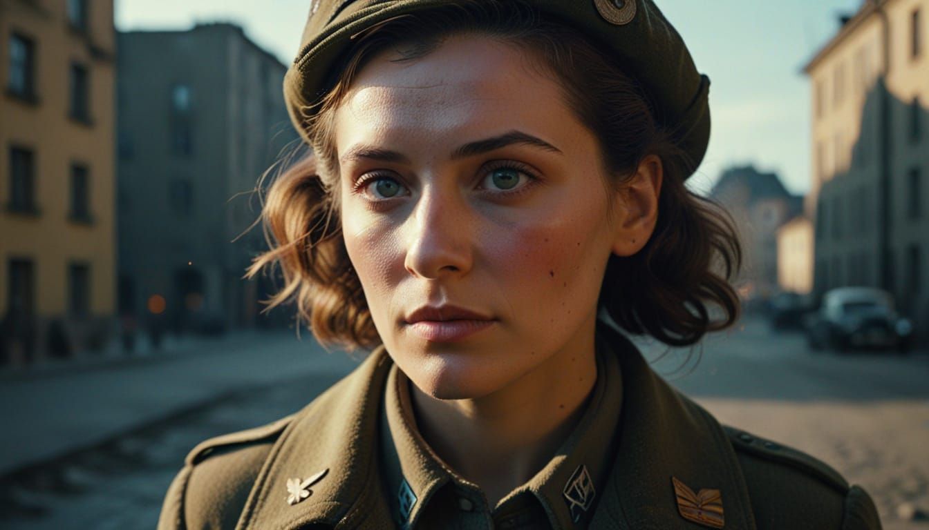 Young German Woman in War-Torn City at Dawn