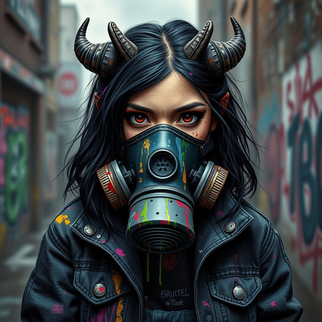 Urban Fantasy: Girl with Horns and Gas Mask