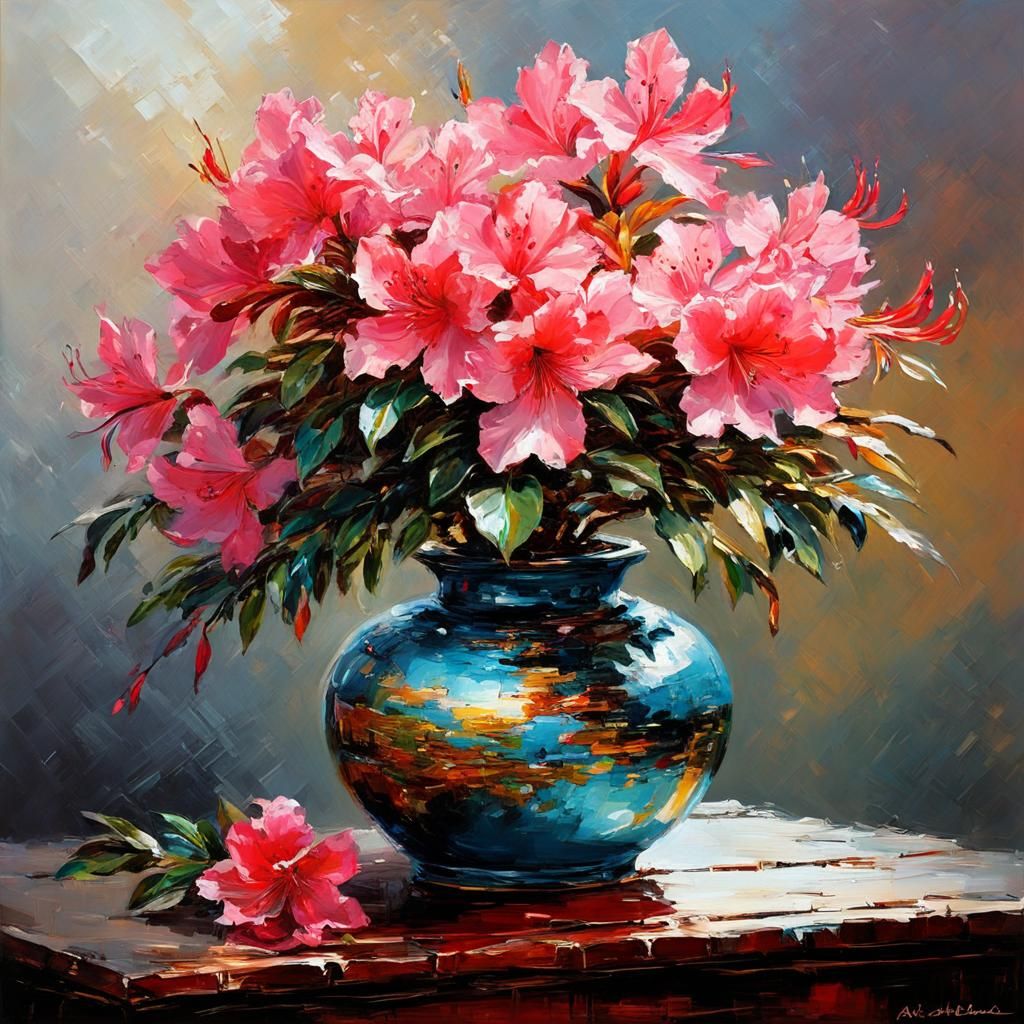 Azalea Flower in Japanese Ikebana, as Impasto Painting