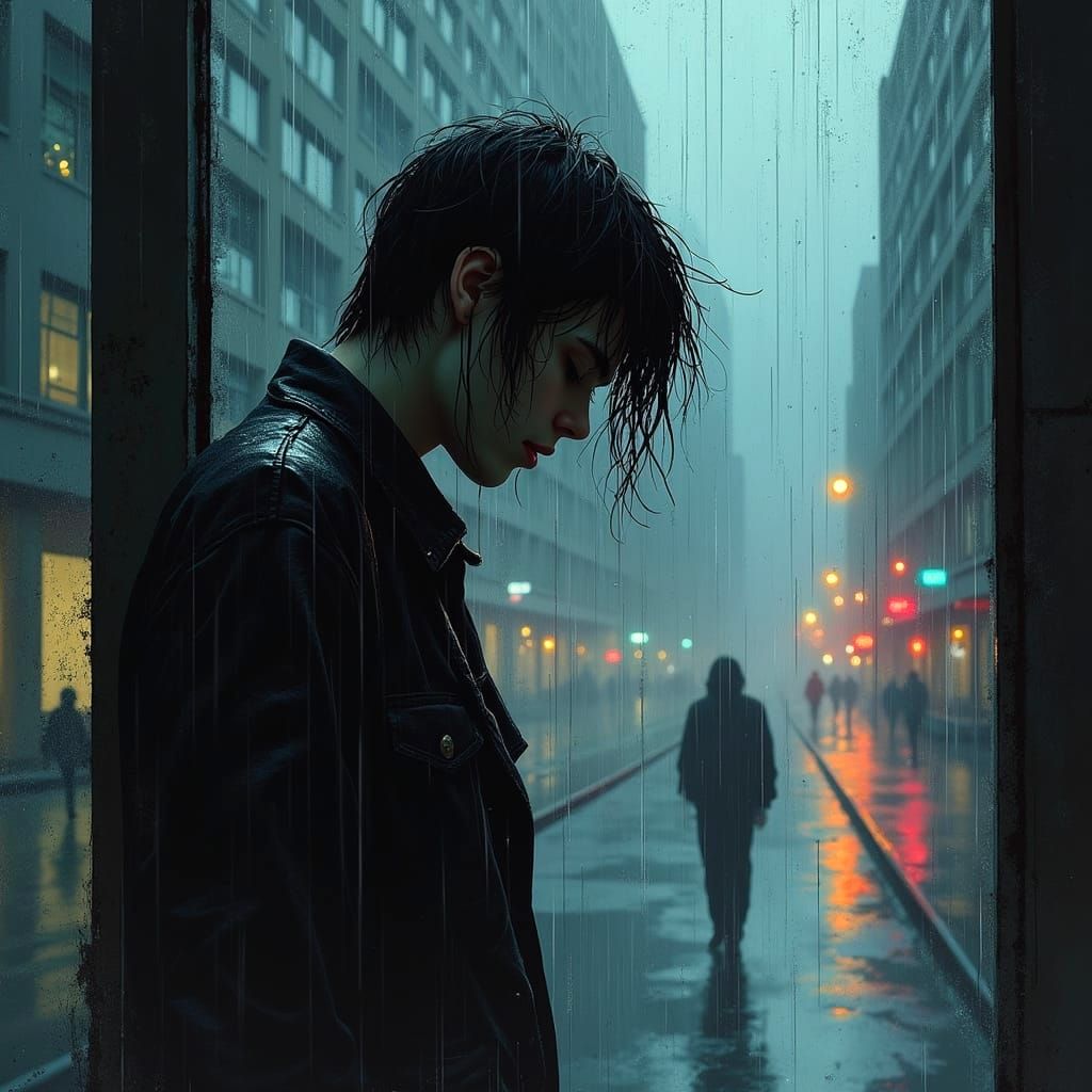 Sorrowful Cityscape at Dusk in Urbanpunk Style