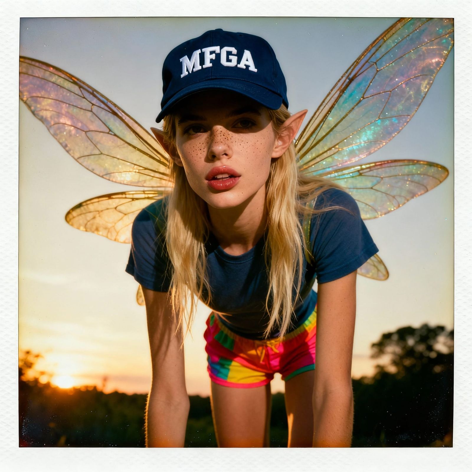 Blonde Fairy in 70s Polaroid Style with MFGA Hat