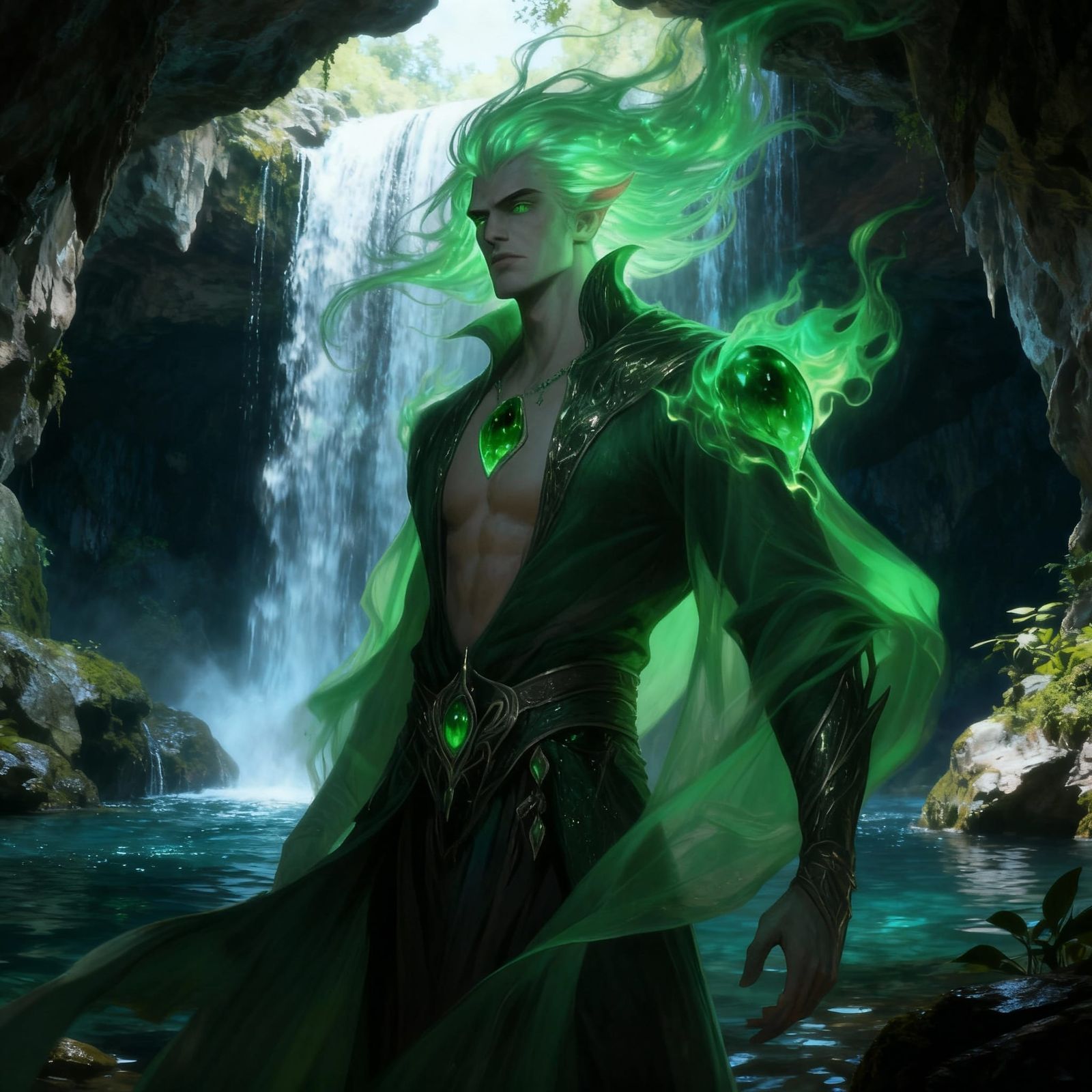 Handsome Jade Voidlord with Flowing Green Hair