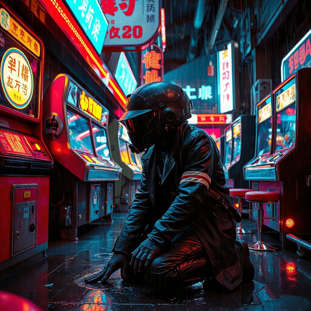 Cyberpunk Detective in Neon Pachinko Parlor