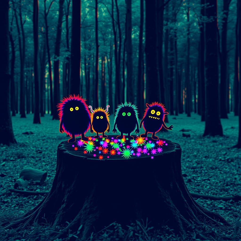 Fuzzy Monsters on Stump in Vivid Colors