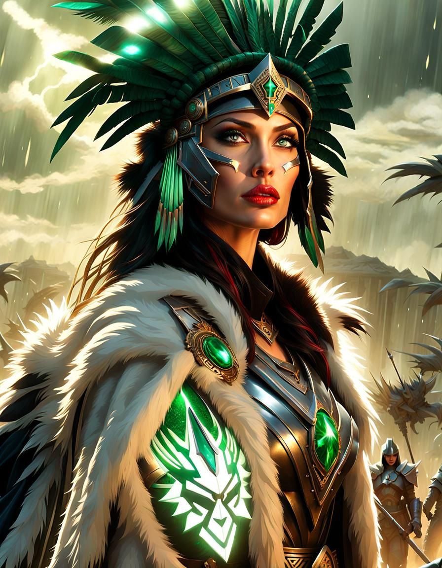 Woman in Cybernetic Armor with Aztec Headdress