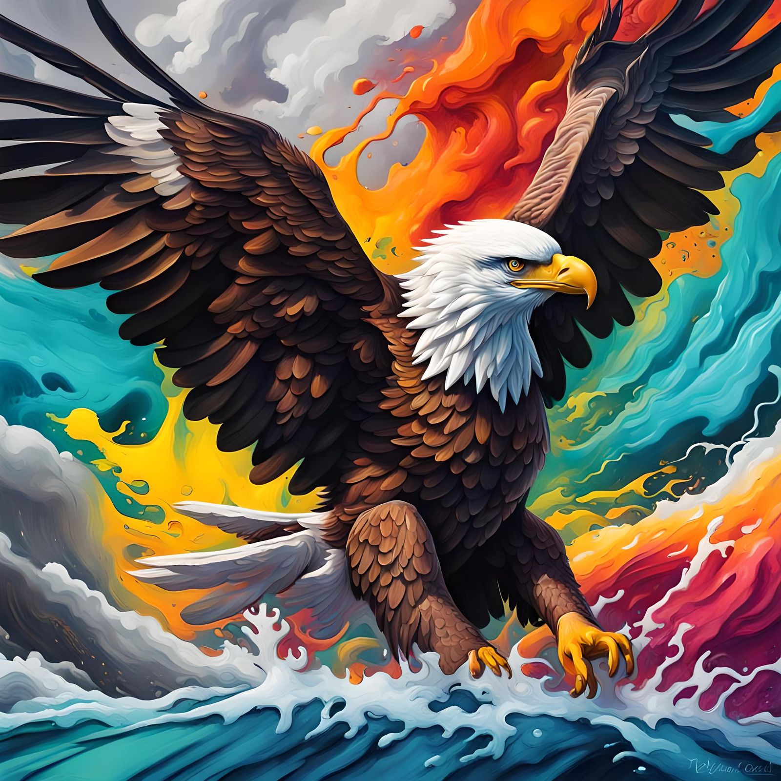 Eagle Over Stormy Ocean in Graffiti Art Style
