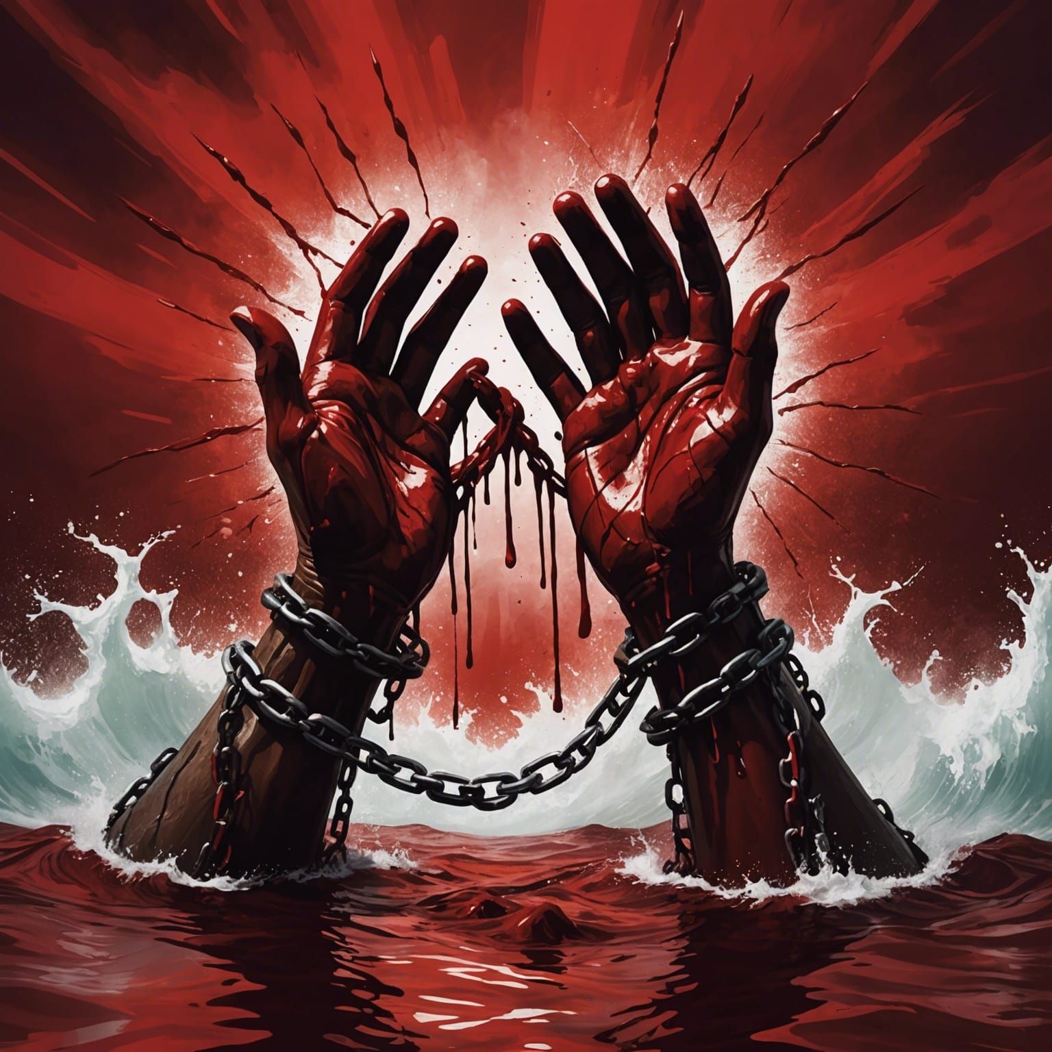 Hands Breaking Free from Blood-Red Sea