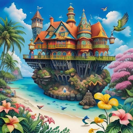 Whimsical Bird Babysitters on Tropical Beach