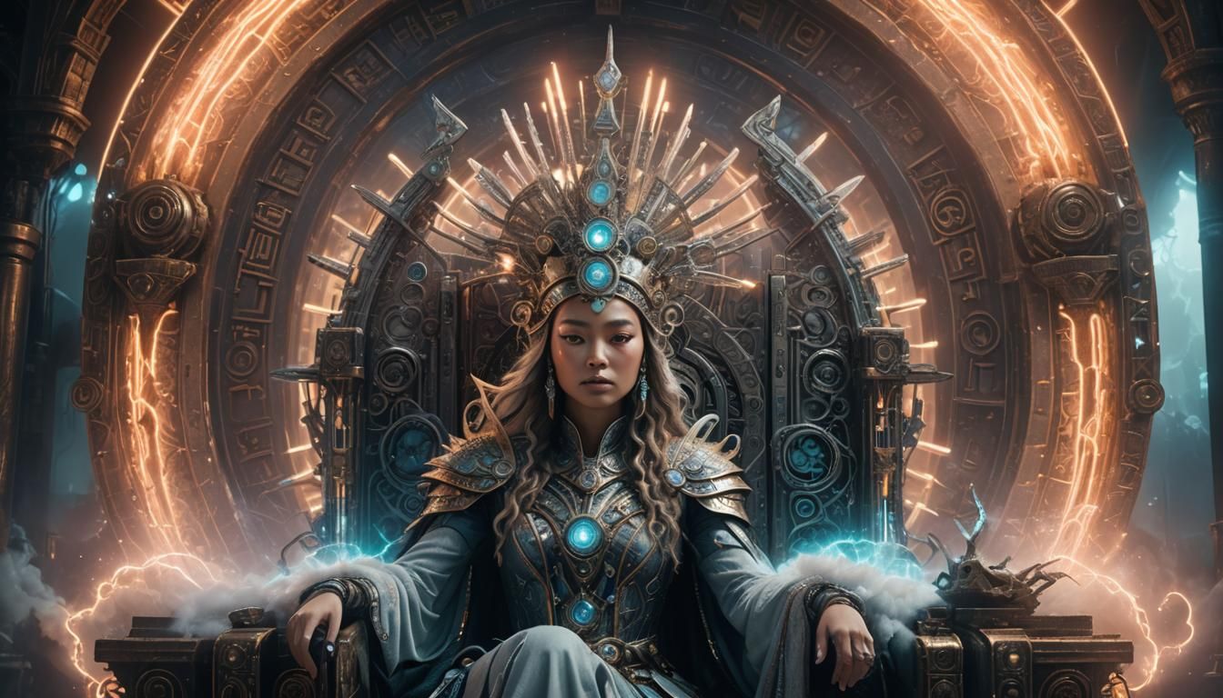 Woman on Throne with Neon Accents