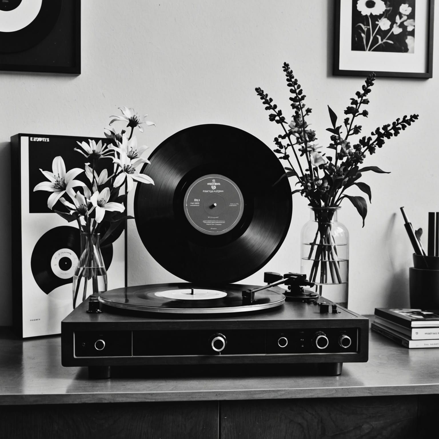 Monochrome Flowers on Record Player Sleeve