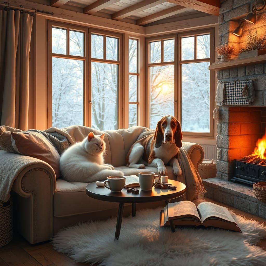 Cosy Cottage Scene: Cat, Hound, and Sunset Light