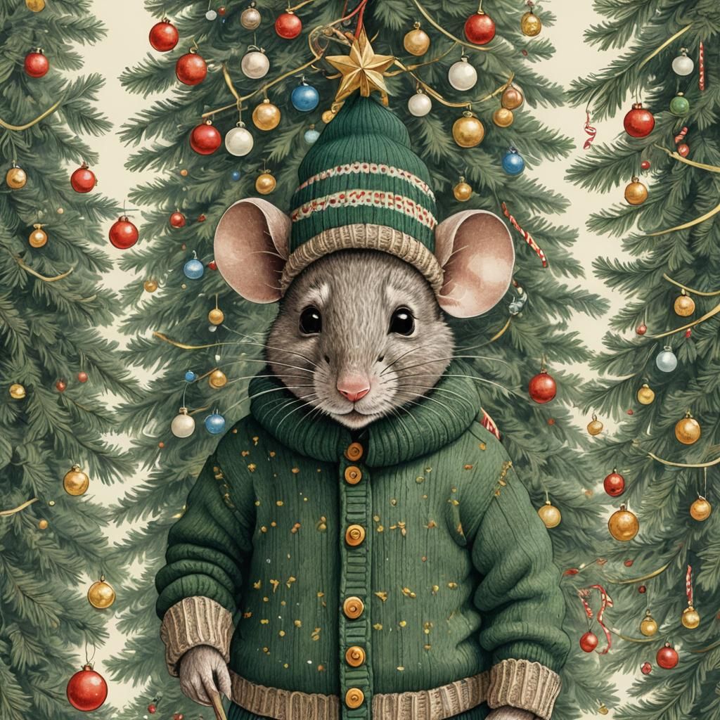 Festive Christmas Mouse with Tree, in Cartoon Style