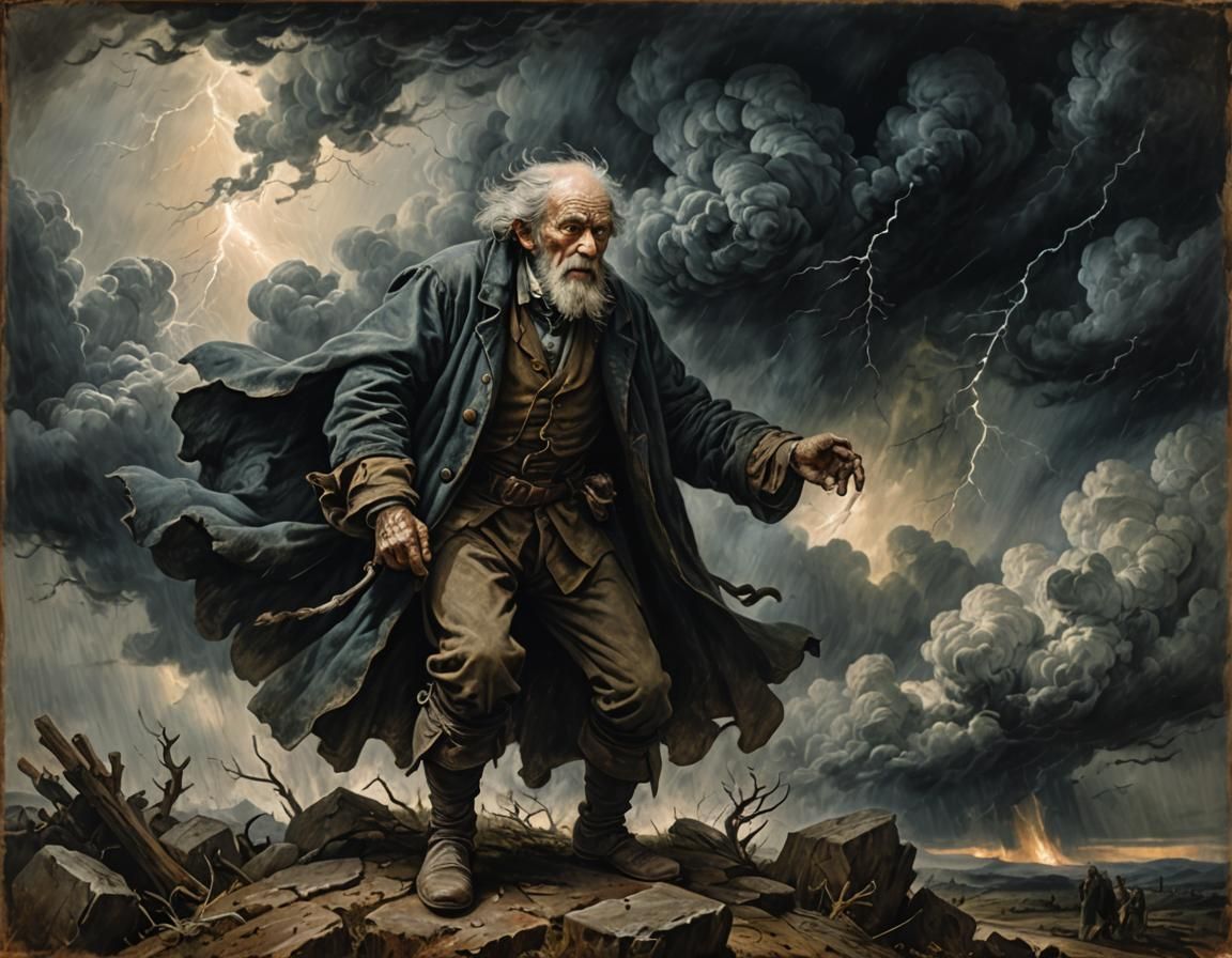 A Macabre 18th Century Figure Confronts Towering Storm Cloud...