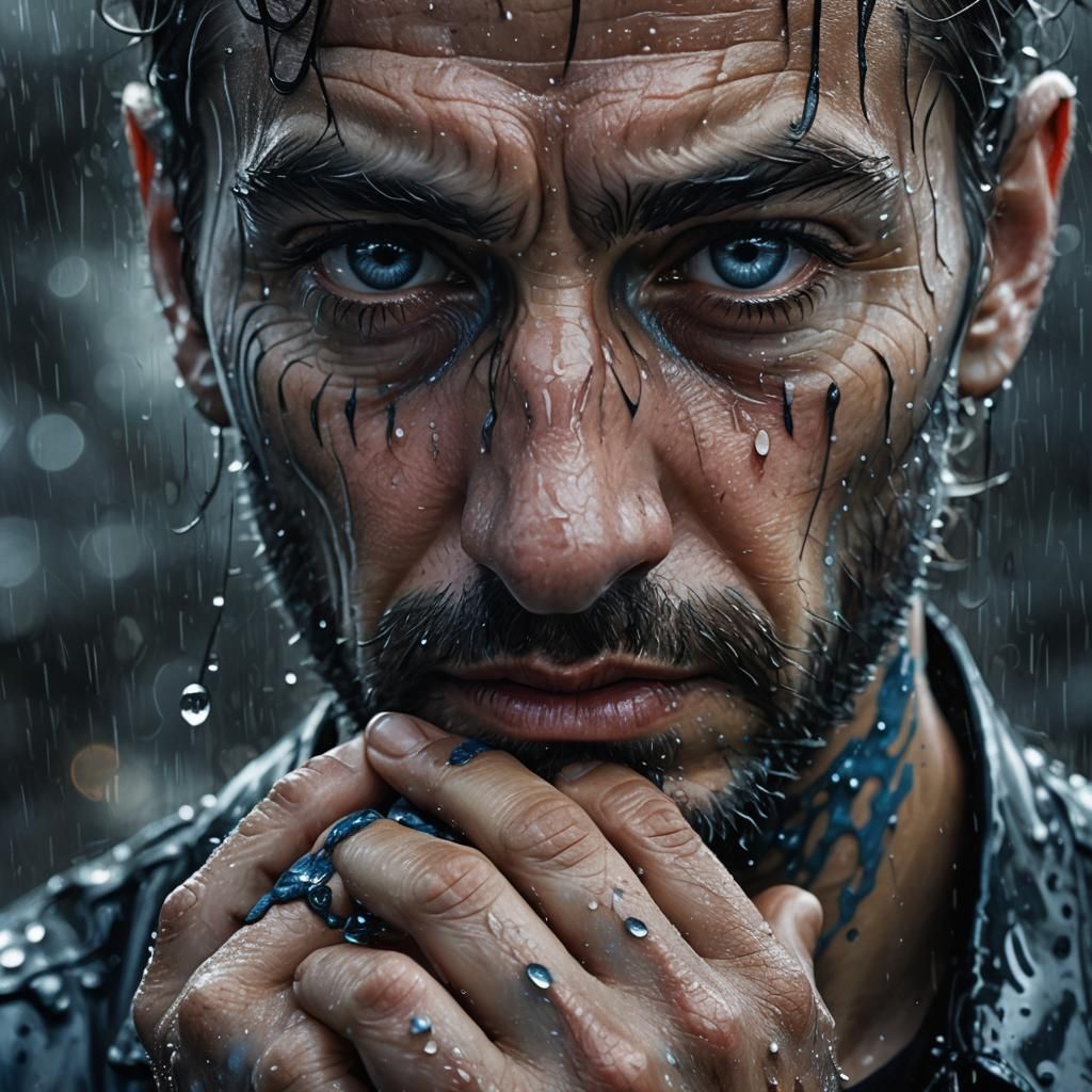 Hyperrealistic Portrait of Man in Rain, Digital Art