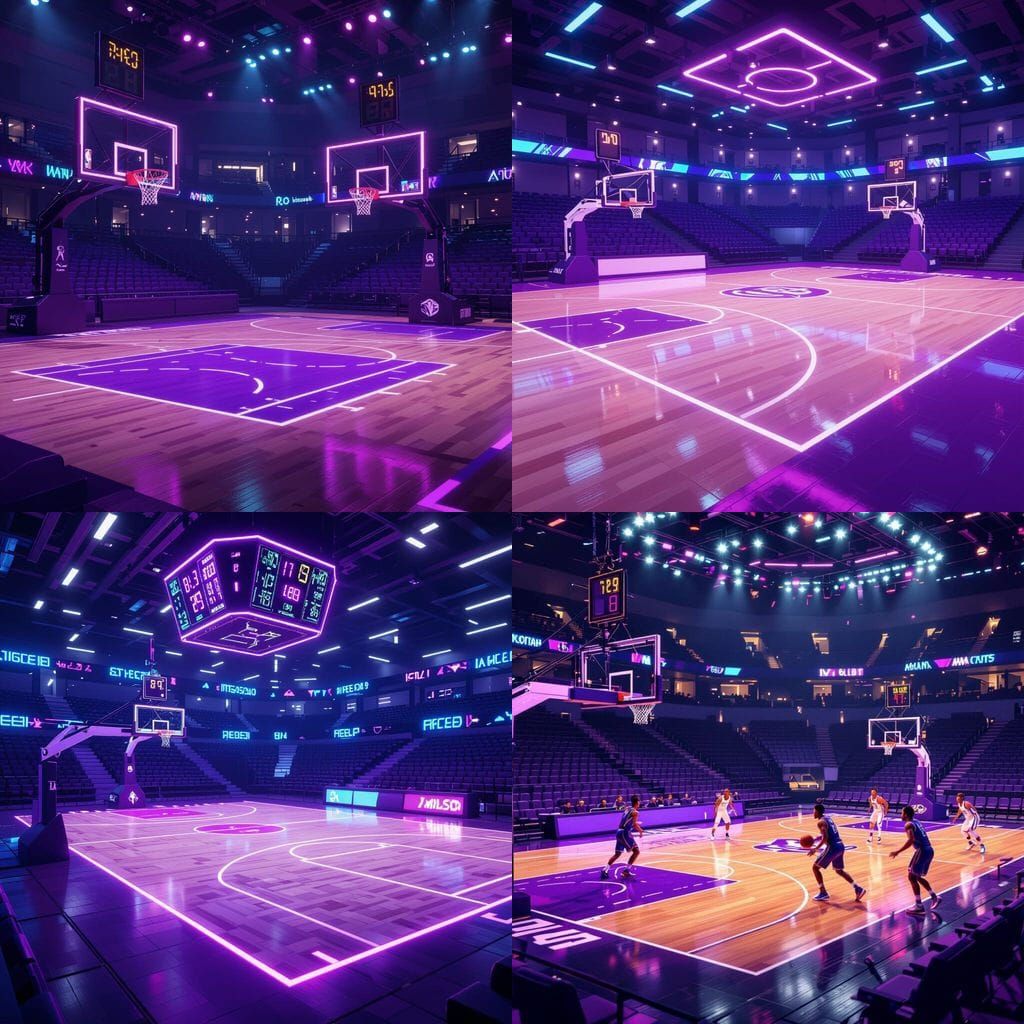 Purple Neon Basketball Court in Anime Art Style