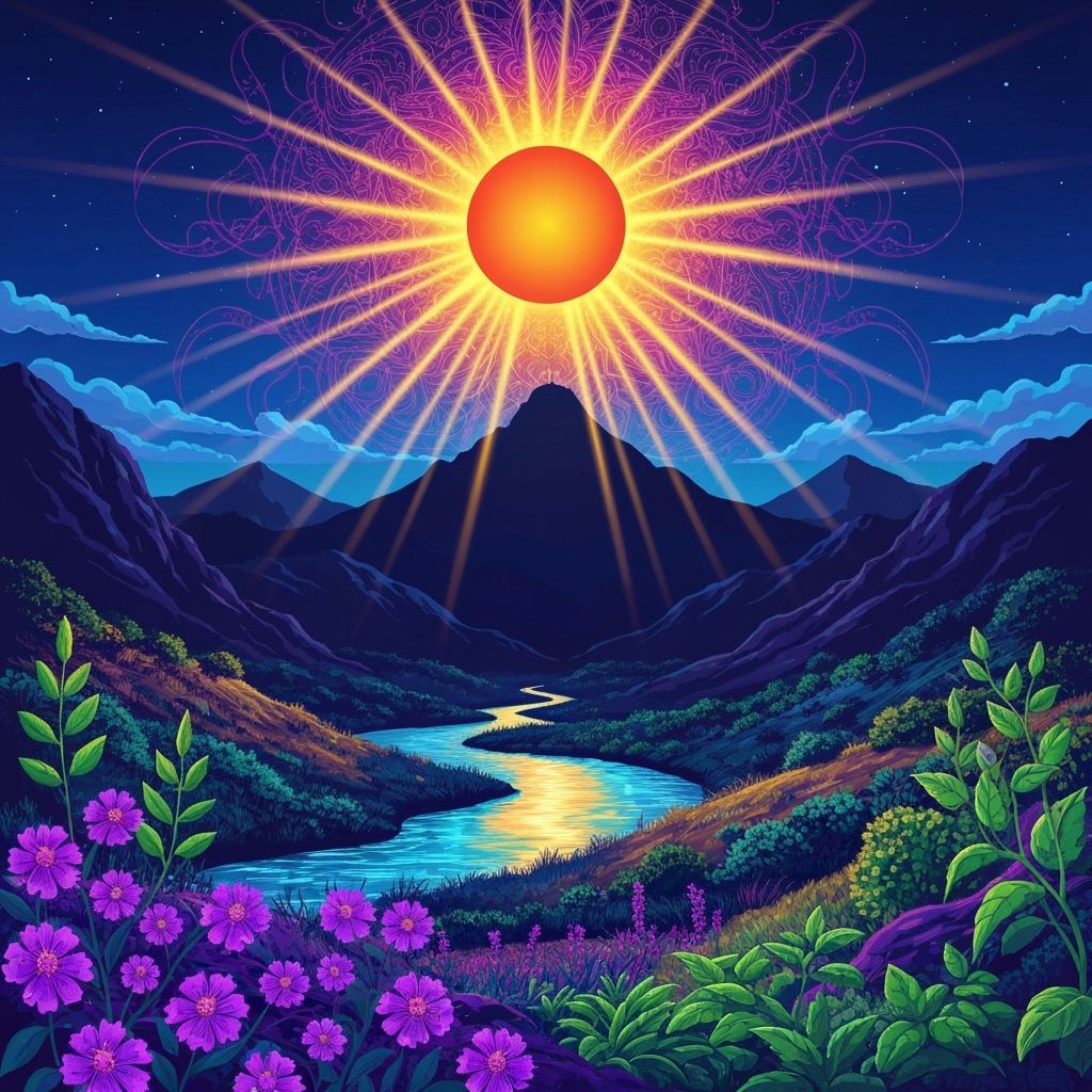 Mystical Landscape with Glowing Sun in Digital Art
