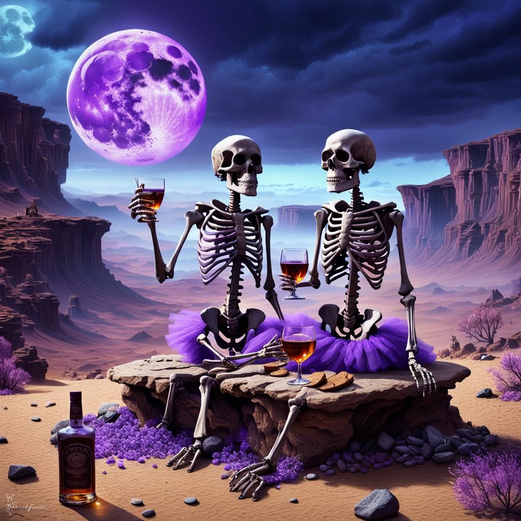 Skeletons in Purple Tutus Toasting in Surreal Landscape