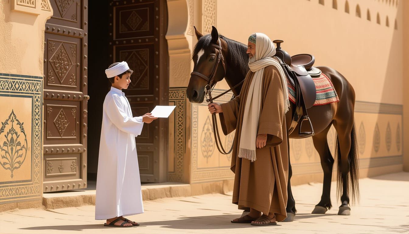 Boy Delivers Letter at Madrasa Gate in Cinematic Style