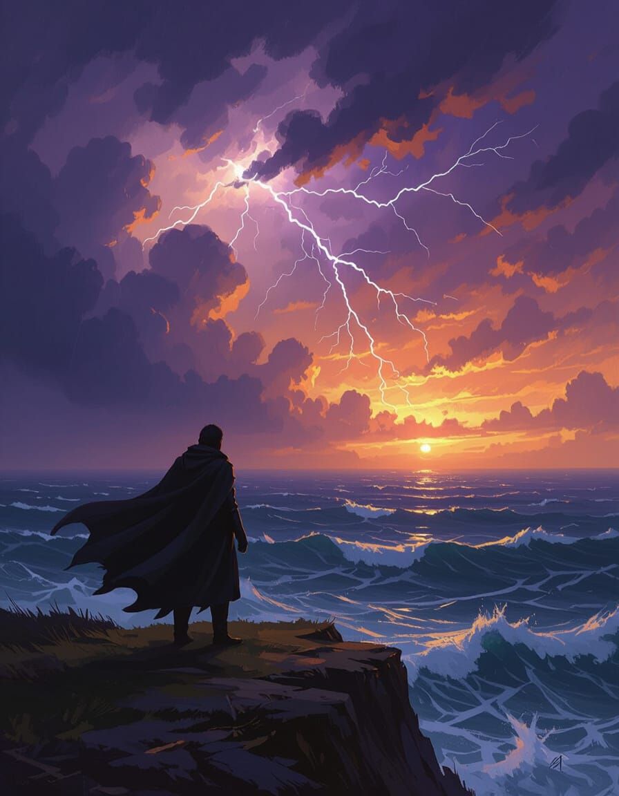 Man on Windswept Cliff Overlooking Turbulent Ocean