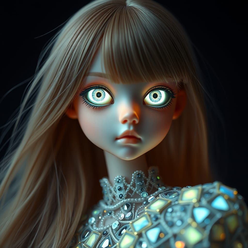 Luminous-Eyed Doll in Surreal, Modern Style