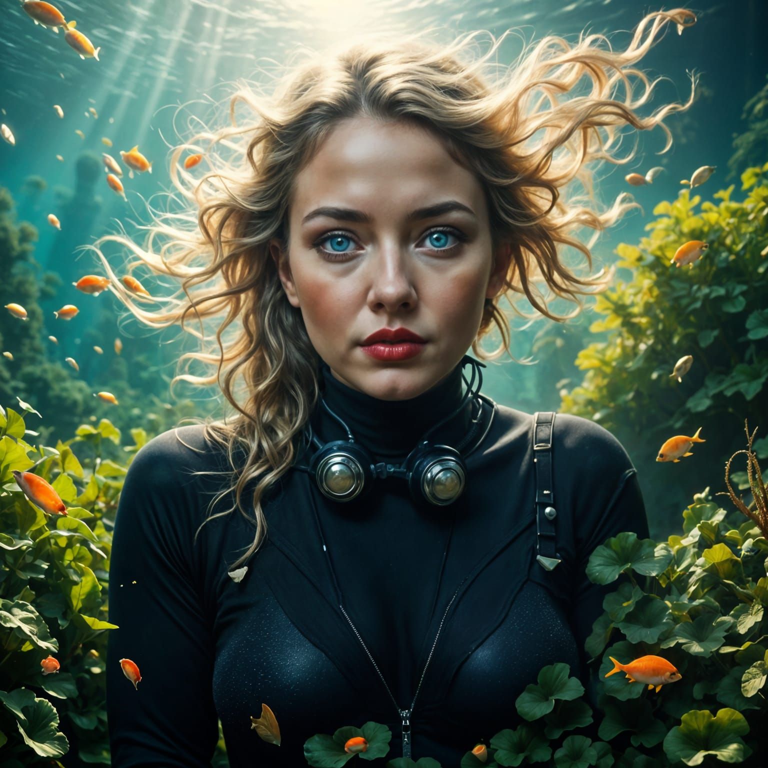 Woman Tending Kelp Garden in Hyperrealistic Style