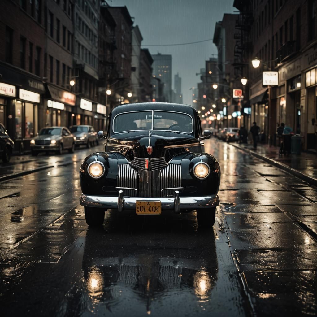 1940s Limousine on Rain-Soaked City Street