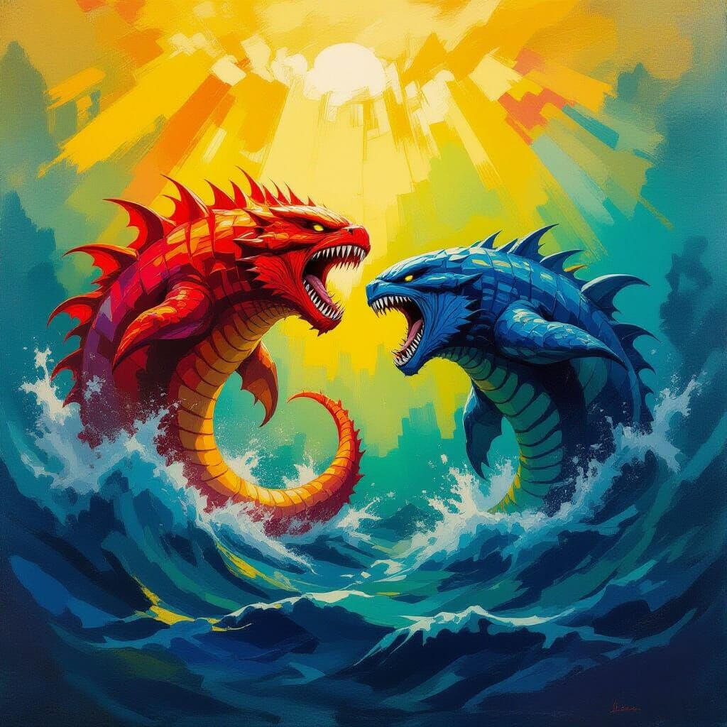 Red and Yellow Sea Monsters Battle in Blue Depths