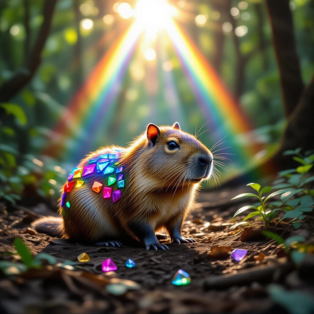 Crystalline Capybara in Sunlit Forest