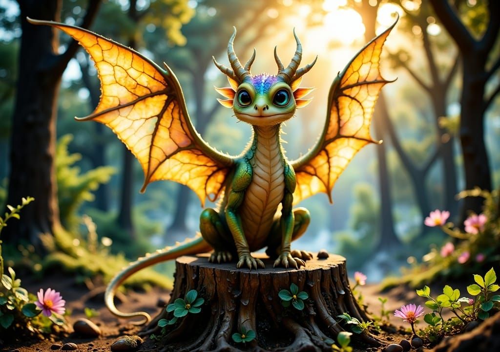 Friendly Dragon with Translucent Wings in Forest