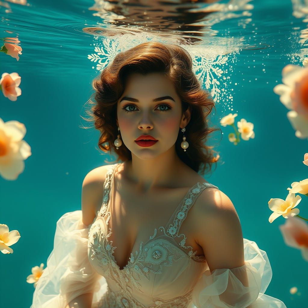 Ethereal Hollywood Starlet in Soft Yellow Gown Amidst Underw...