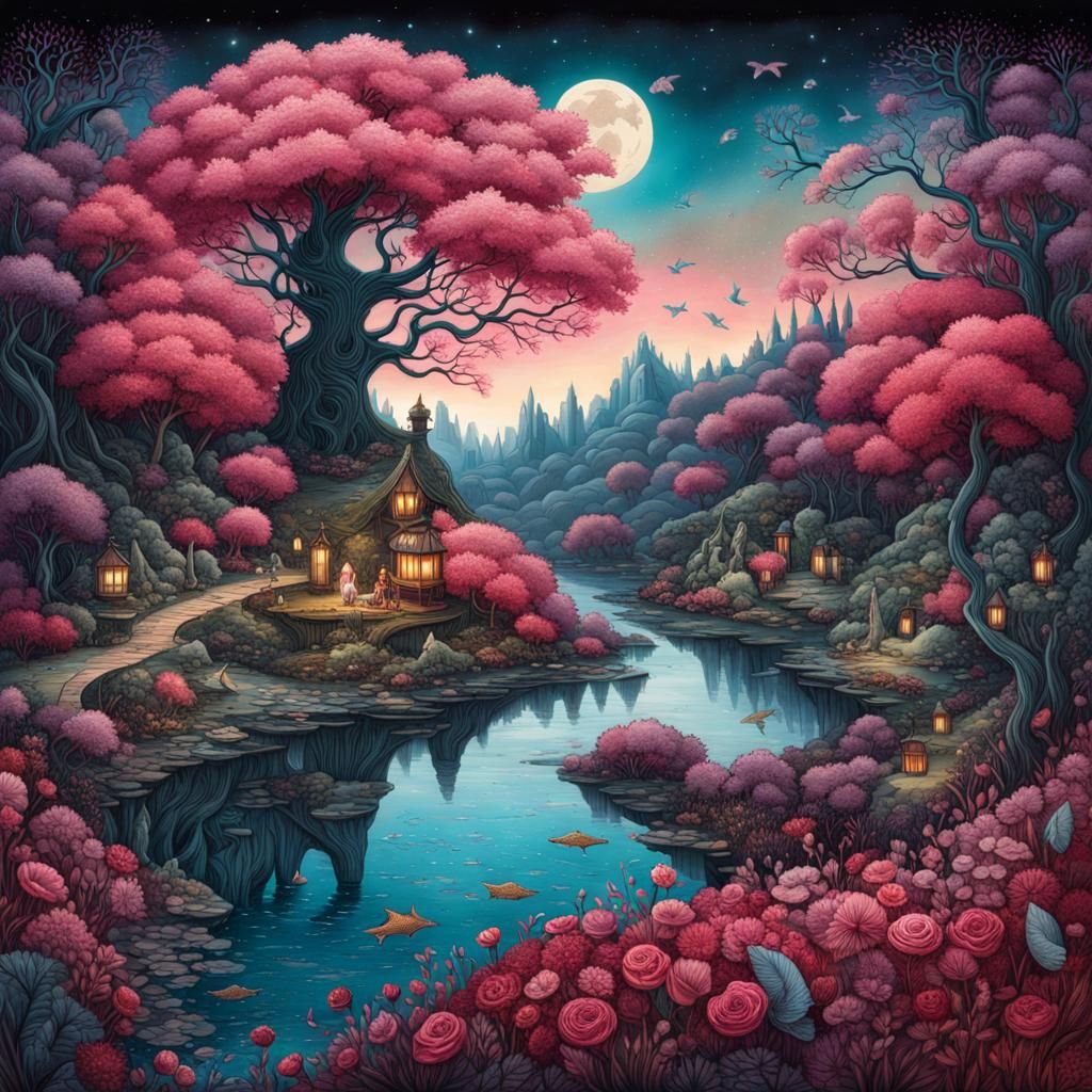 Glittering Landscape Illustration with Ancient Tree