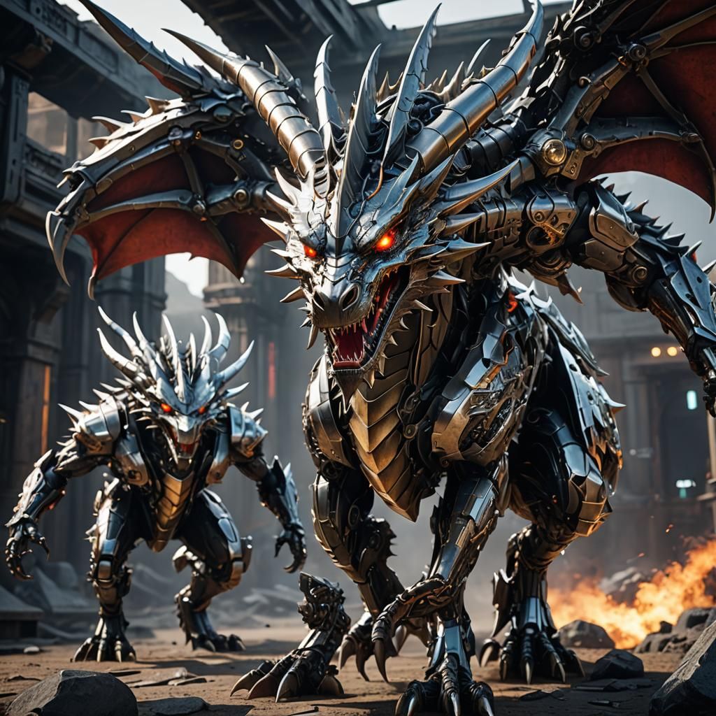 Three-Headed Dragon with Intricate Mech Details