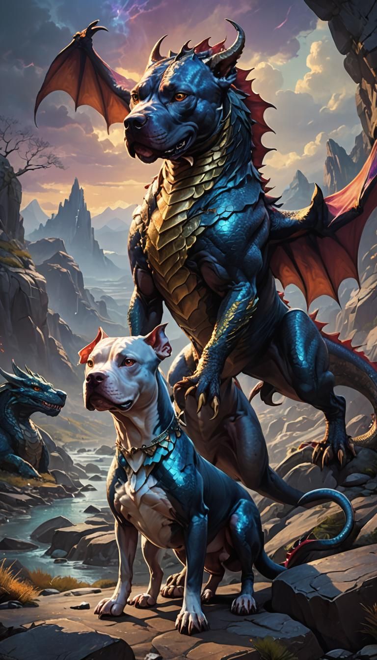 Pit Bull and Dragon in Fantasy Landscape