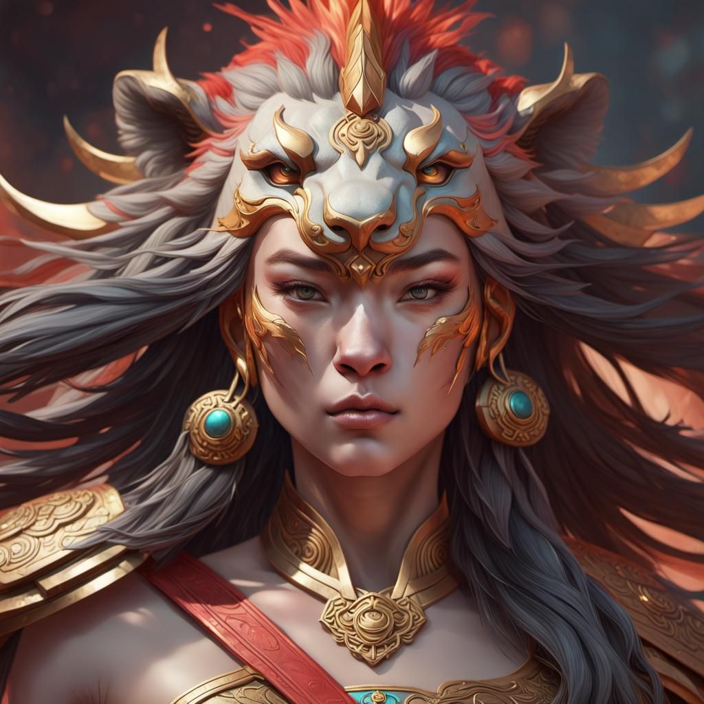 Lion Warrior Goddess Portrait in Hyperdetailed Style