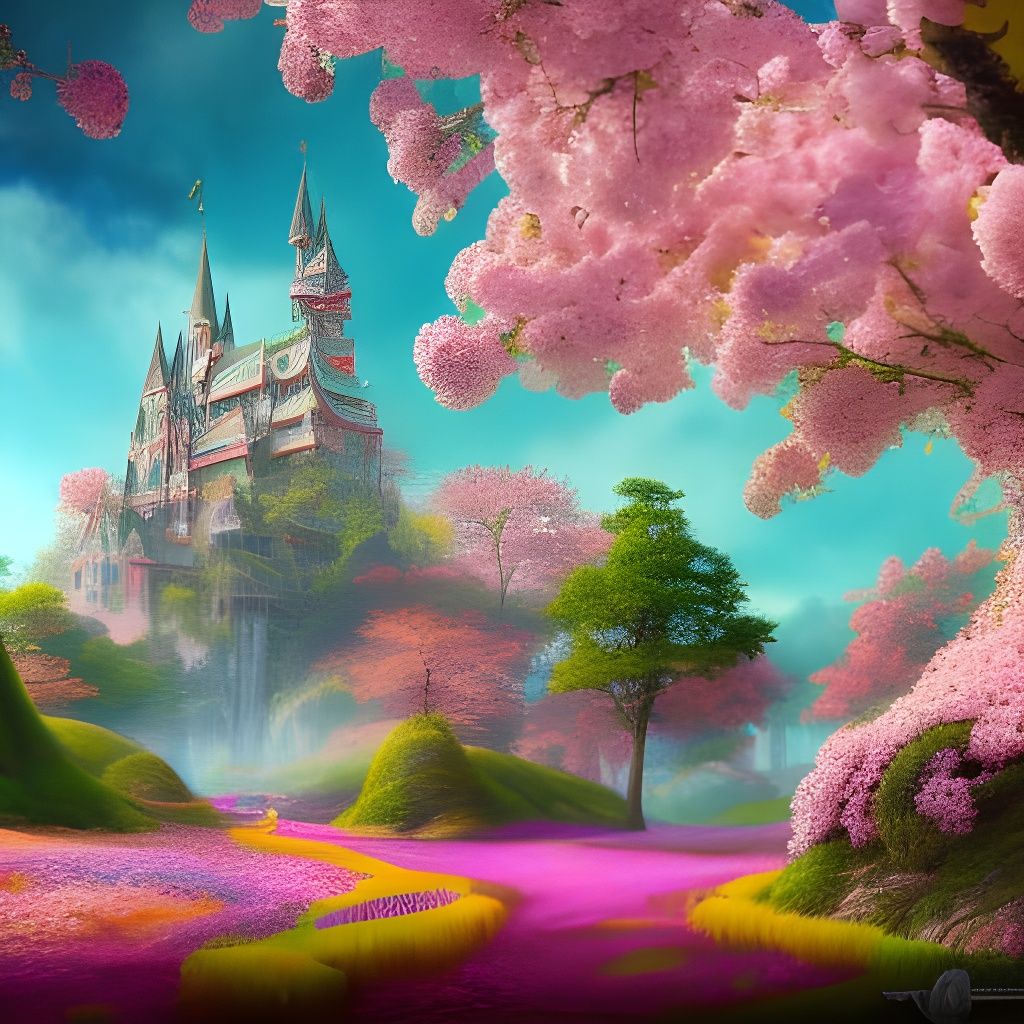 Dream Castle in the middle of Flowers, Sakura trees, Vibrant...