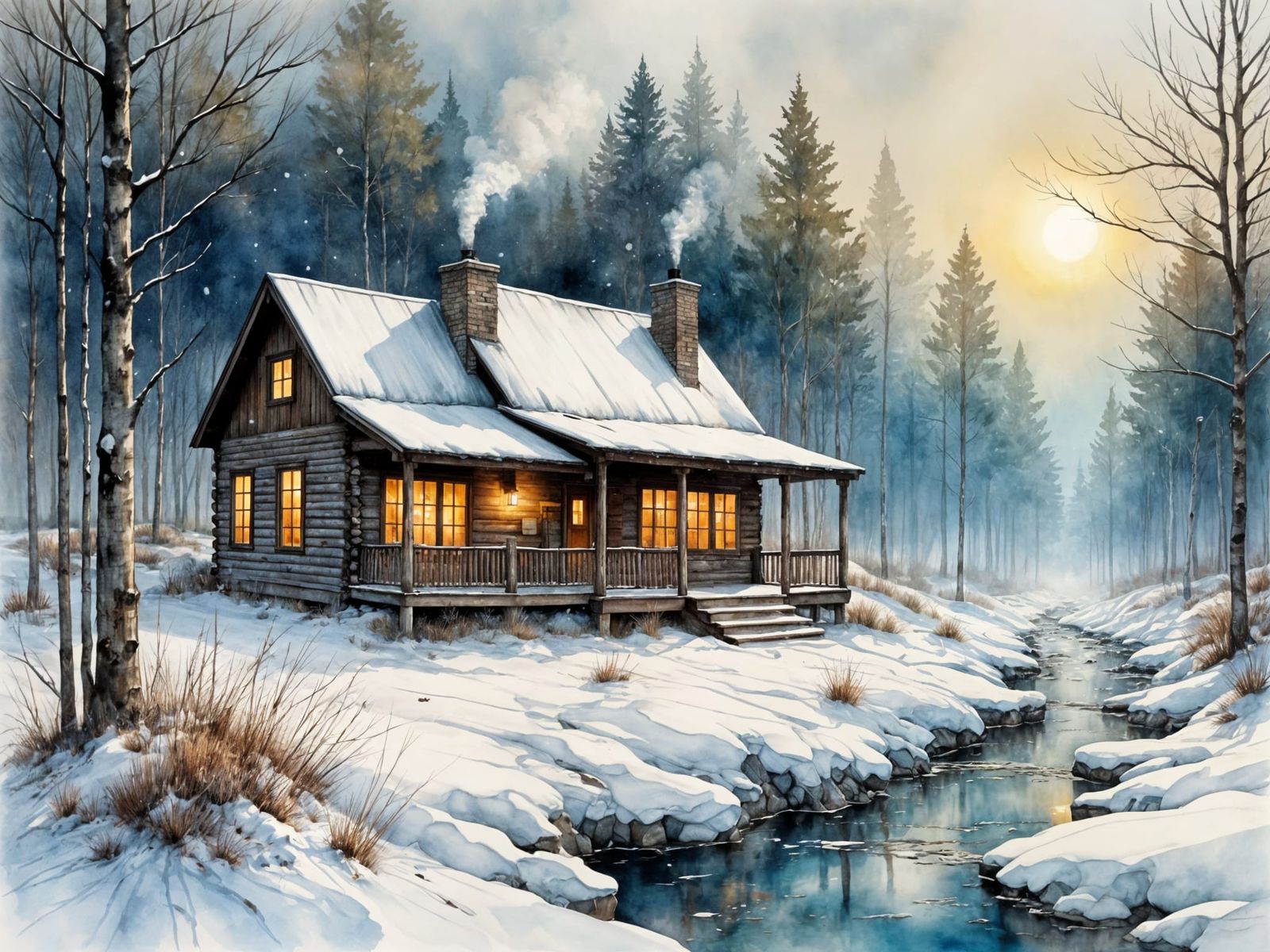 Winter Cabin Scene in Watercolor