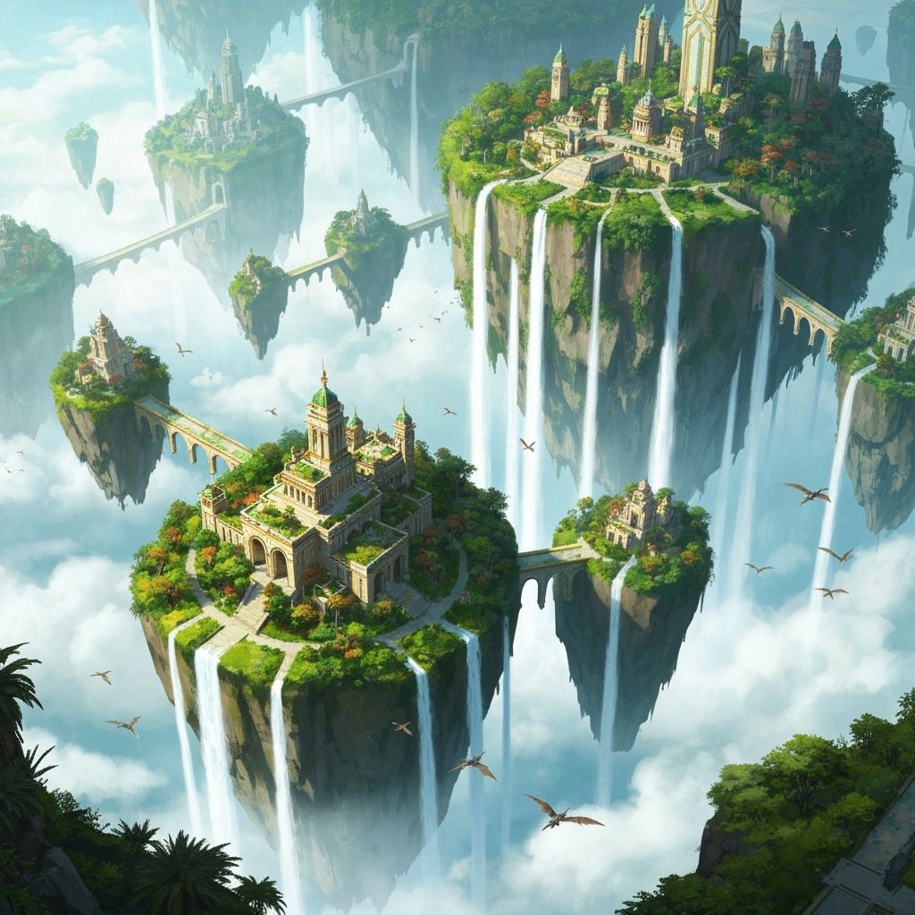 Vibrant Floating City with Waterfalls in Epic Fantasy Style