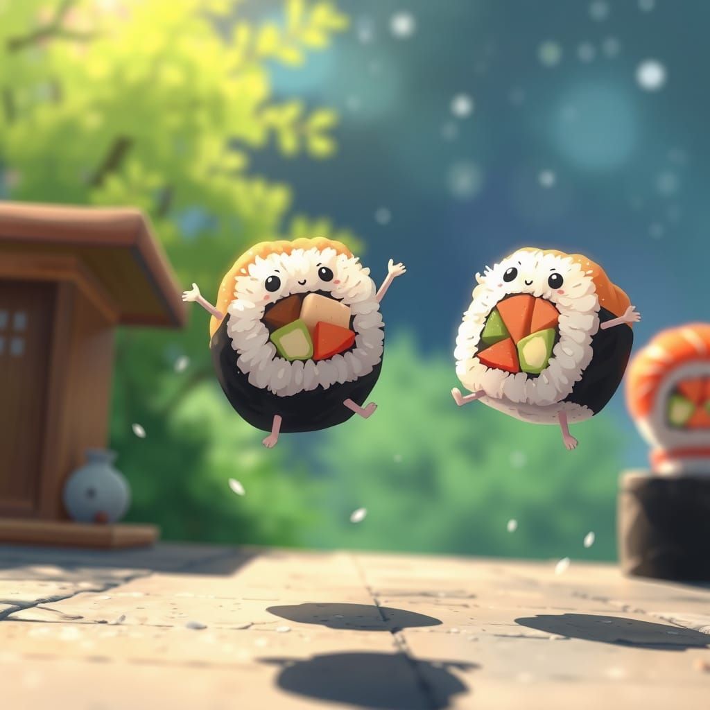 Animated Sushi Rolls in Anime Style