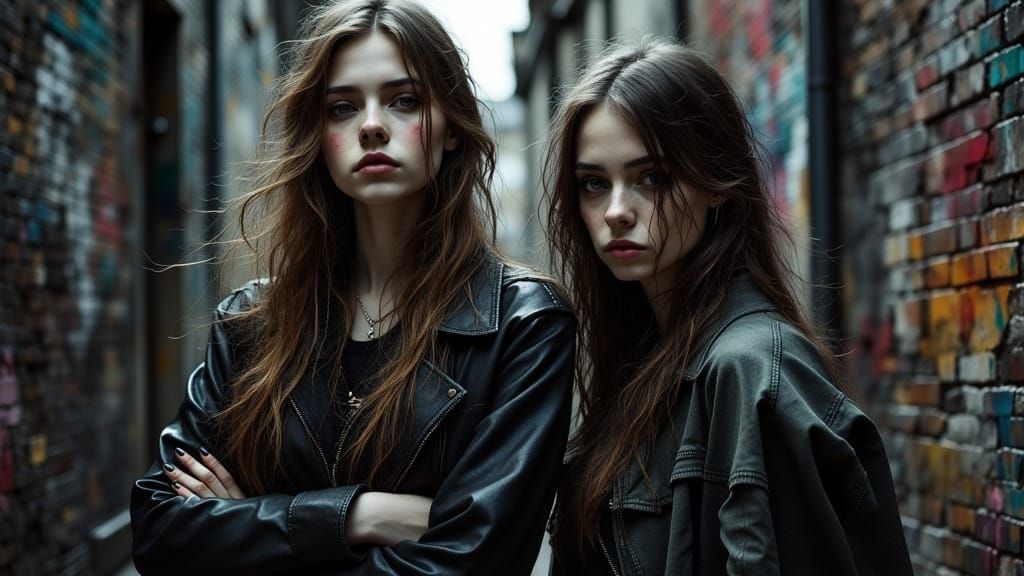 Sullen Teenage Girls Pose in Urban Alleyway