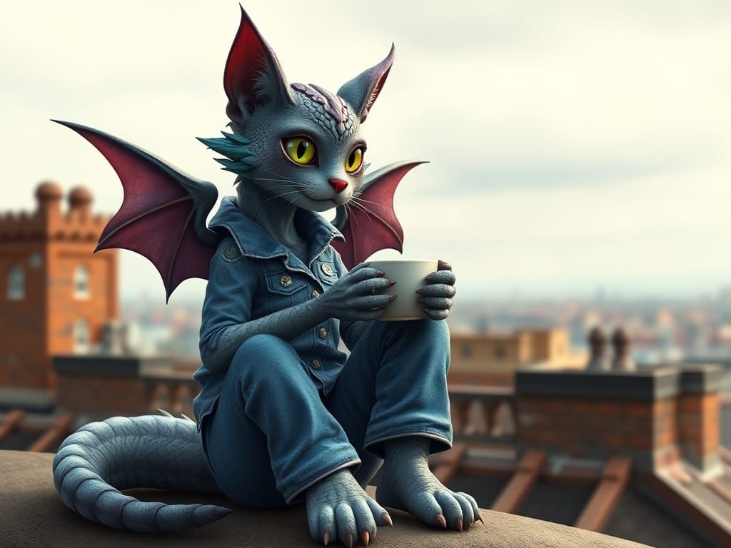 Surreal Female Cat-Dragon Sips Tea on Rooftop