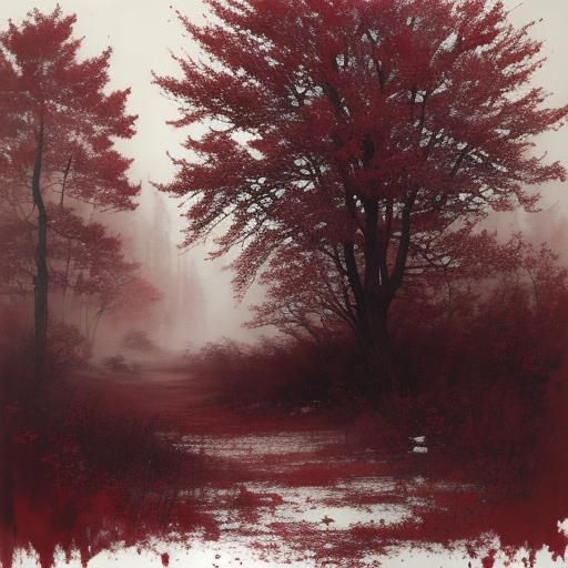 Monochromatic Red Tree: Ink Wash Masterpiece