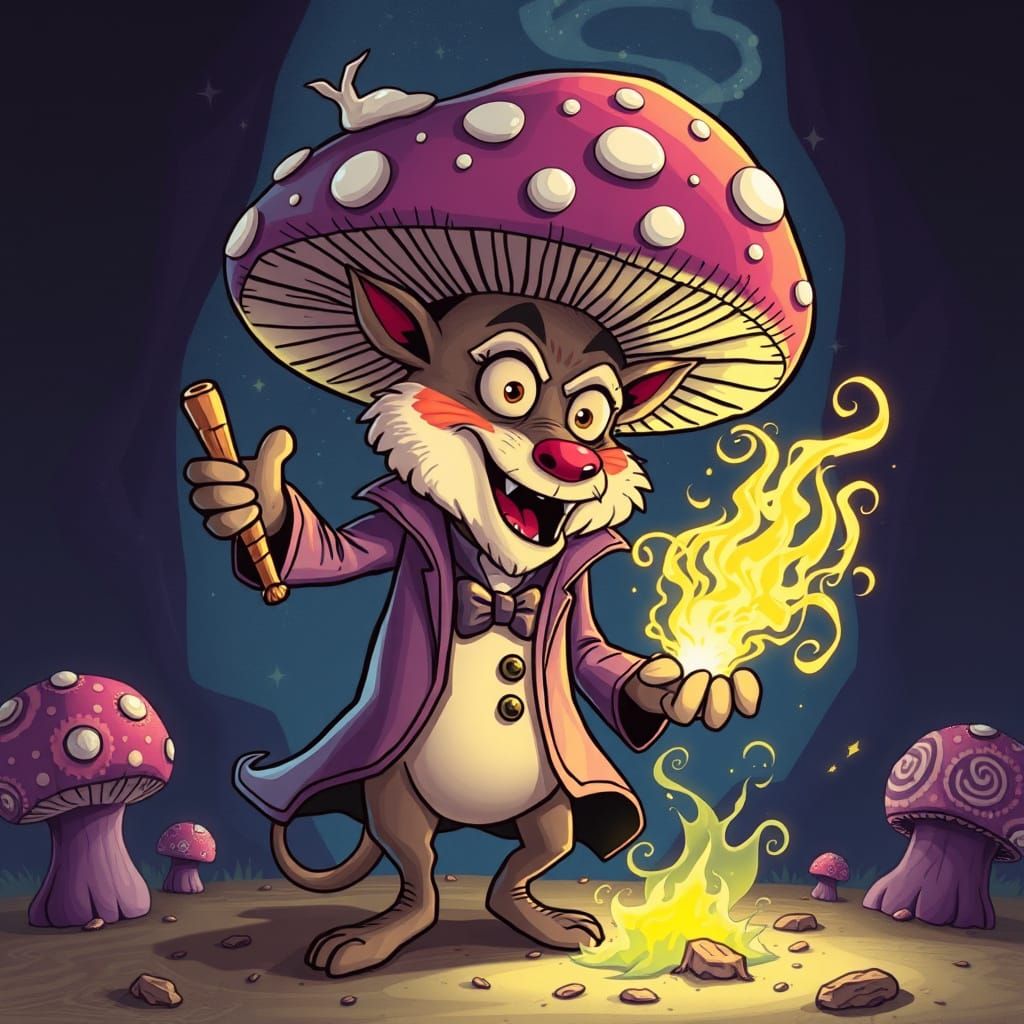 A crazy anthropomorphic cartoon Psilobycin mushroom magician...